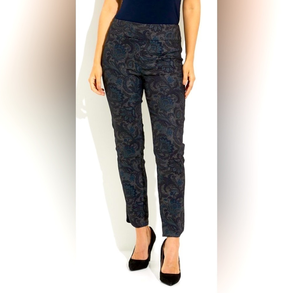 JOSEPH RIBKOFF Sz 8 Navy With Paisley Black Velvet Brocade Slim Trouser  Pants